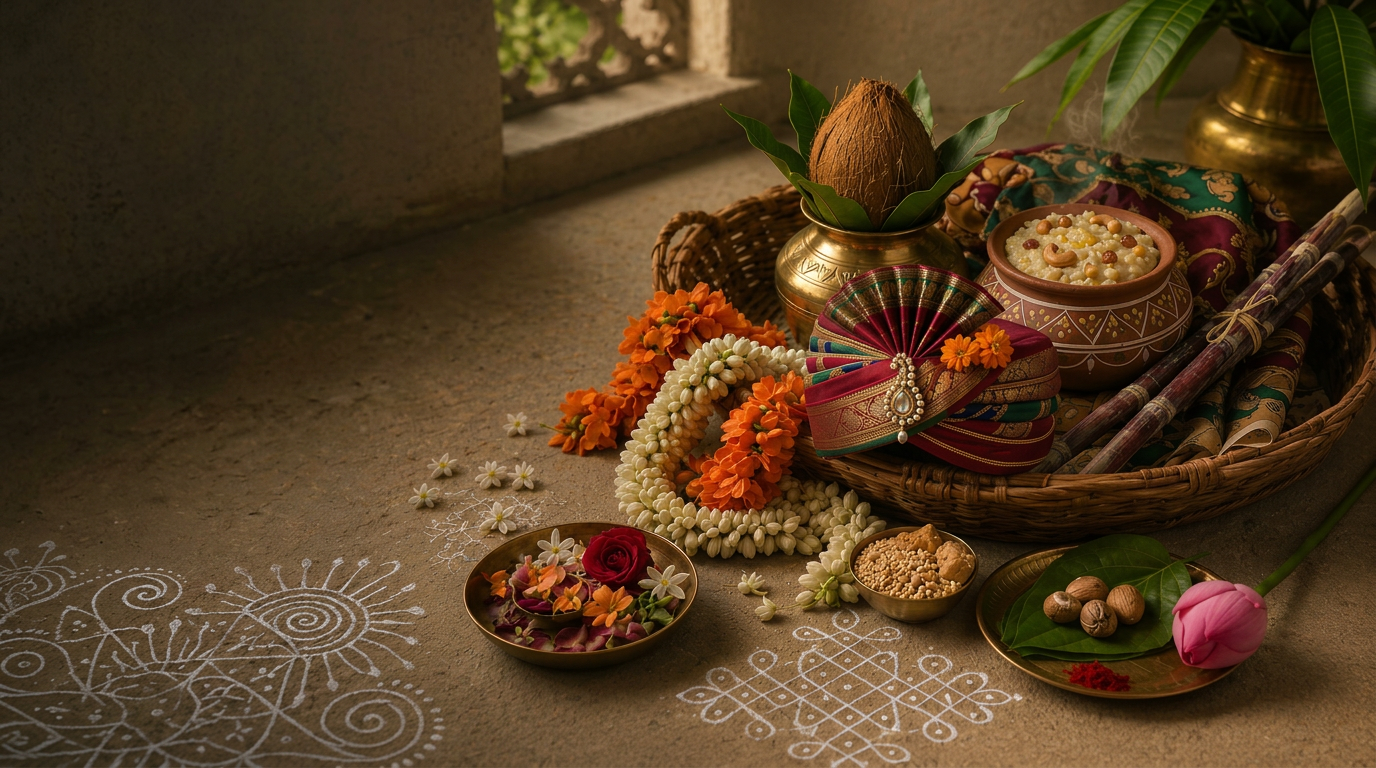 Telugu ritual still-life with kalasham, coconut, jasmine garlands, muggu and brass vessels